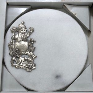 Lindsay Claire Pewter Snowman on White Marble Serving Platter Winter Christmas